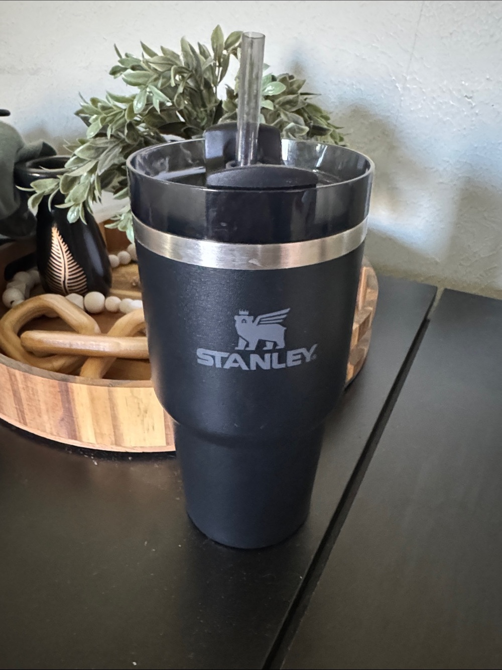 20 oz Stanley Black Travel Tumbler with Silver Trim